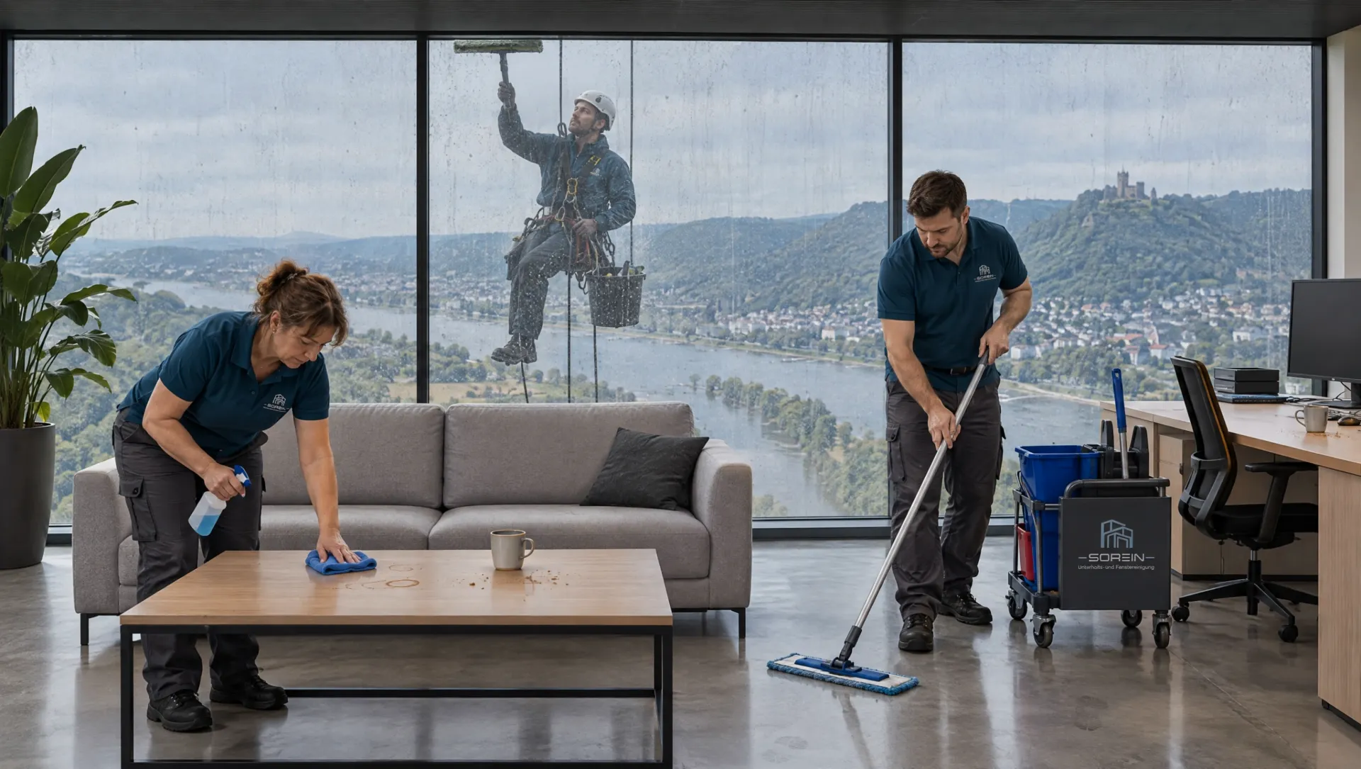SoRein-Team bei der Reinigung eines Büros mit Blick auf Rhein und Siebengebirge: Fensterreinigung außen, Tisch und Boden innen