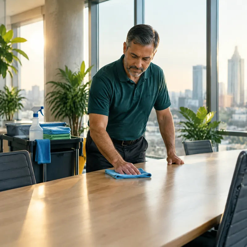 Reinigungskraft wischt einen Konferenztisch im Büro ab